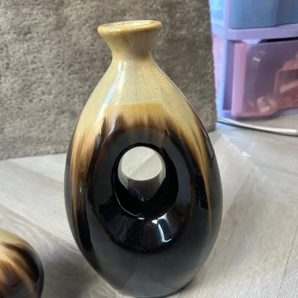 Pair of 2 Vases MCM Mid Century Modern Ceramic Brown Tan Beige Oval Circle